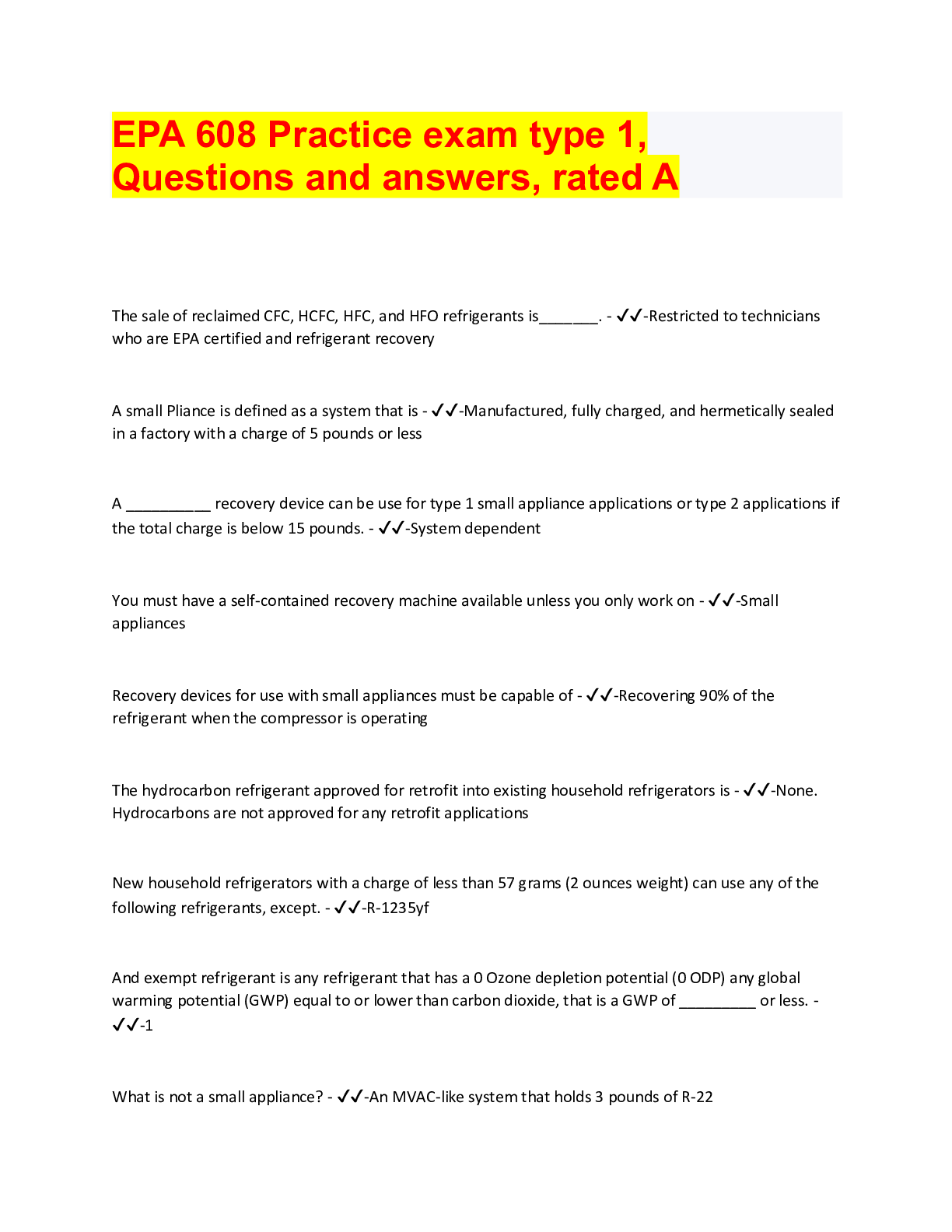 Preview of EPA 608 Practice exam type 1